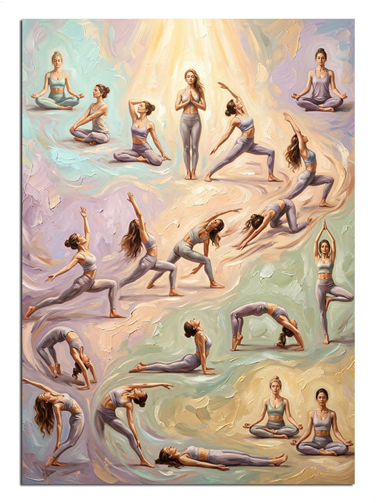 Farklı yoga pozlarını gösteren estetik ve huzurlu figürler topluluğu.