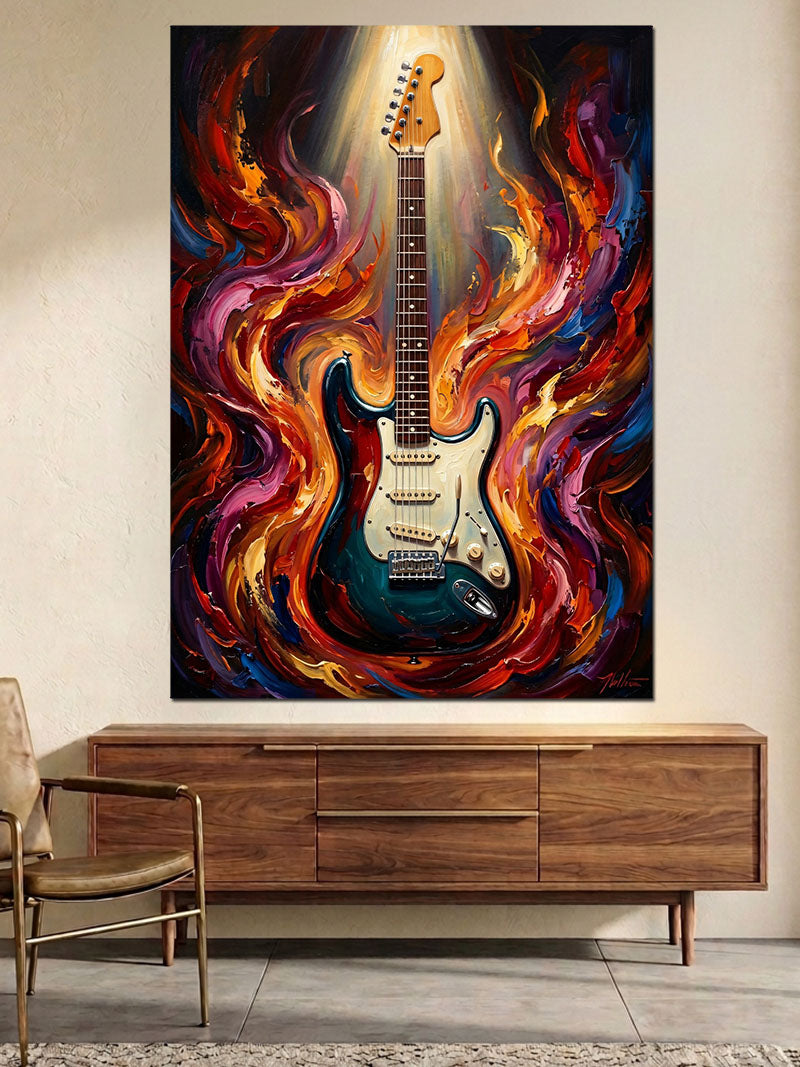 Alevler İçinde Parıldayan Elektro Gitar Kanvas Tablo