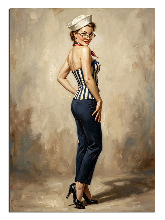 Pin-up tarzında, klasik kıyafeti ve şapkasıyla nostaljik kadın.