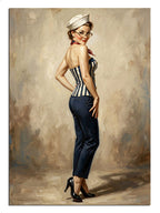Pin-up tarzında, klasik kıyafeti ve şapkasıyla nostaljik kadın.