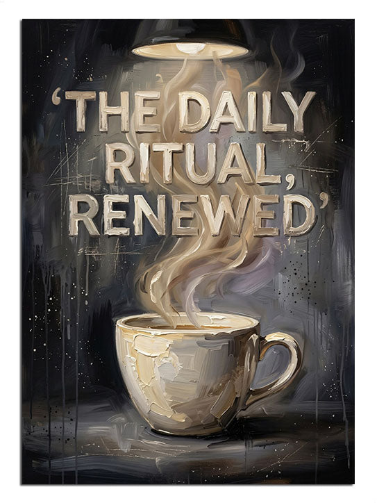 "The Daily Ritual Renewed" yazılı, tüten sıcak kahve fincanı.