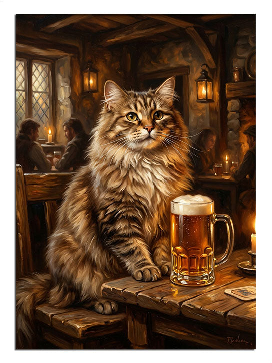 Bir pub ortamında, önünde birasıyla oturan şık kedi.