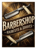 "Barbershop" yazılı, üzerinde iki adet ustura bulunan nostaljik amblem.