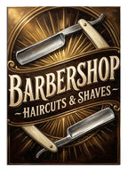 "Barbershop" yazılı, üzerinde iki adet ustura bulunan nostaljik amblem.