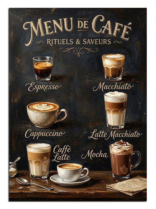 "Menu de Cafe" yazılı, farklı kahve sunumlarını içeren nostaljik poster.