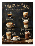 "Menu de Cafe" yazılı, farklı kahve sunumlarını içeren nostaljik poster.