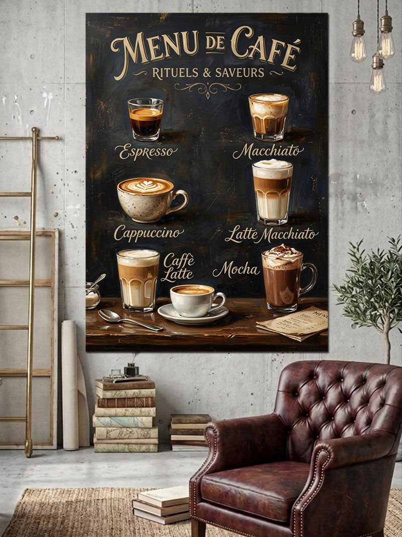 Retro Kafe Menüsü Kahve Çeşitleri Kanvas Tablo