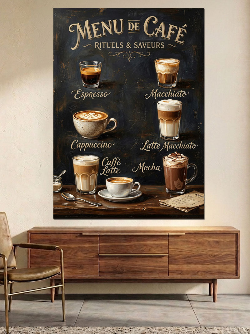 Retro Kafe Menüsü Kahve Çeşitleri Kanvas Tablo