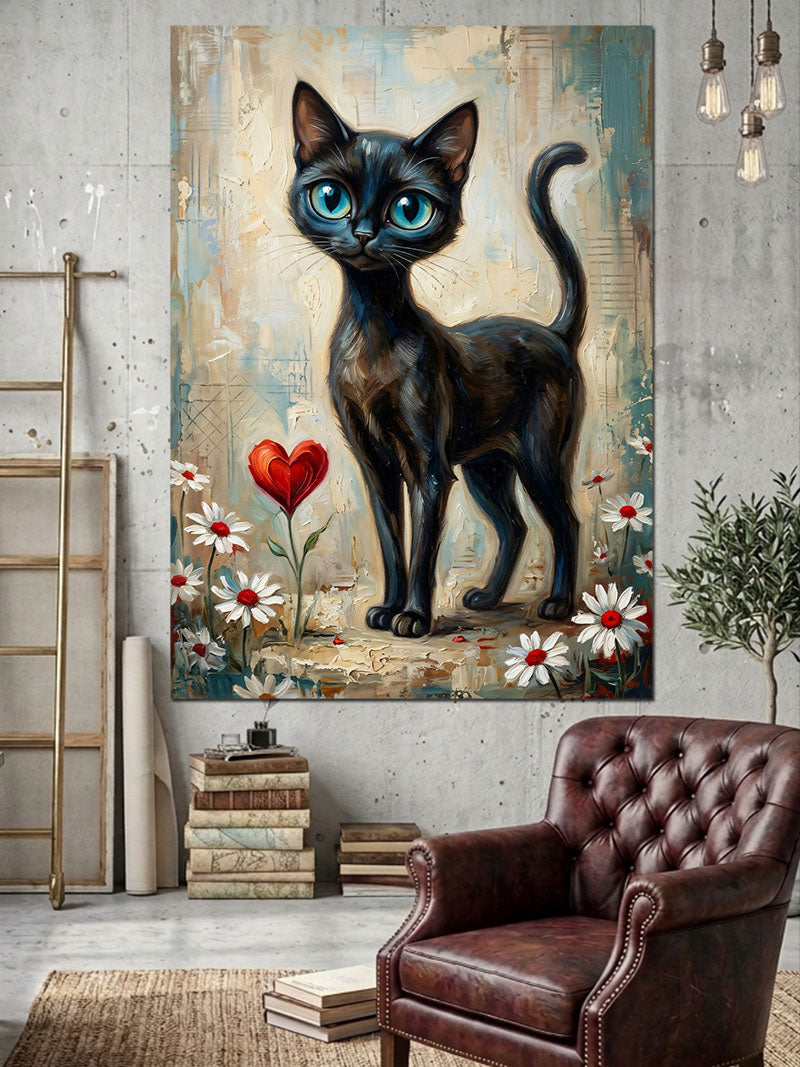 Kalpli Ve Çiçekli Siyah Kedi Kanvas Tablo