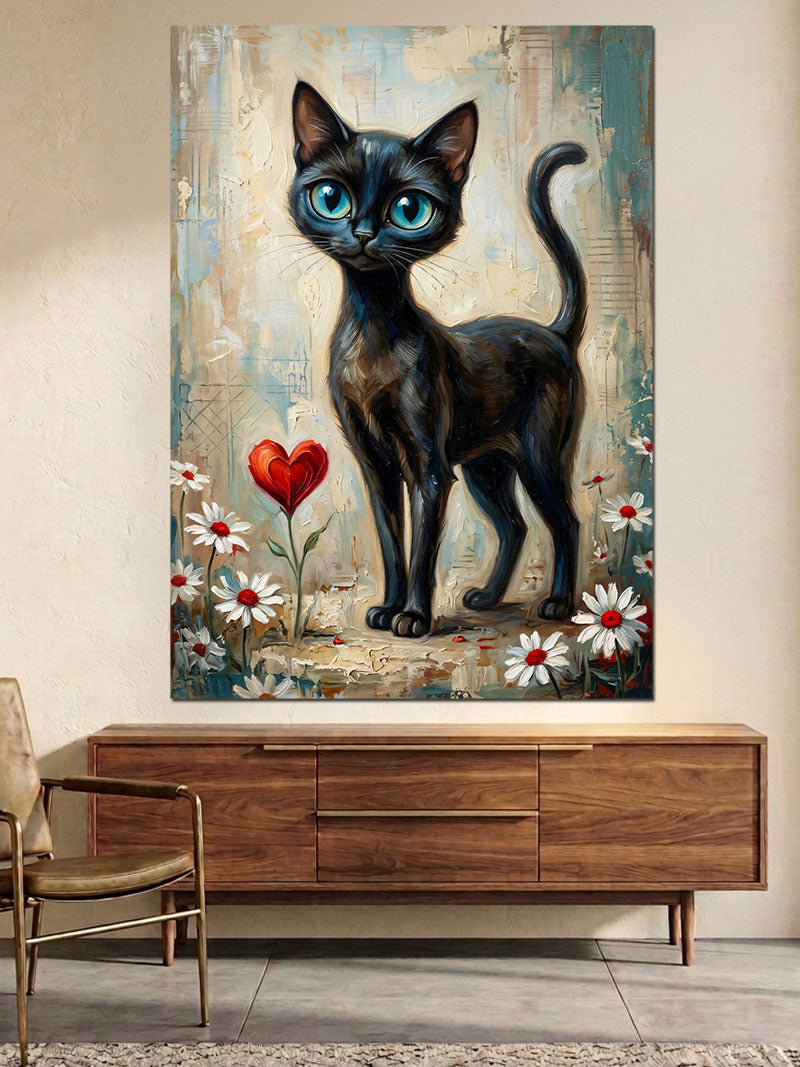 Kalpli Ve Çiçekli Siyah Kedi Kanvas Tablo