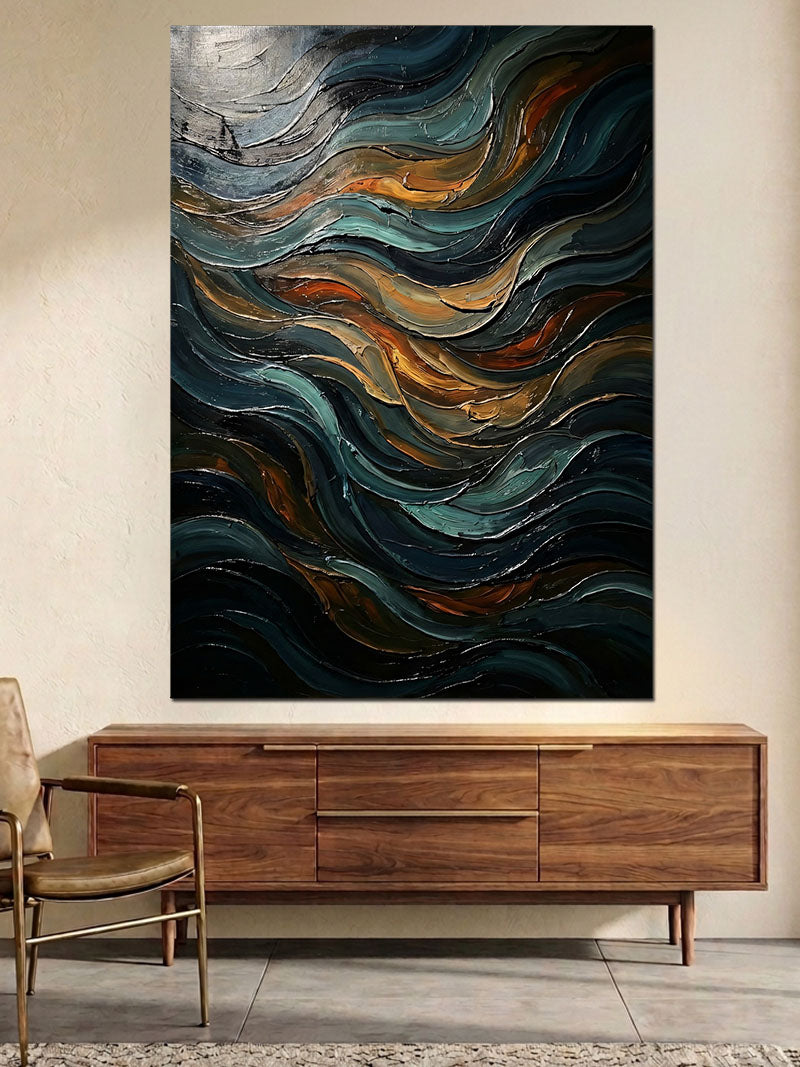 Soyut Dalgalı Turuncu Ve Mavi Kanvas Tablo