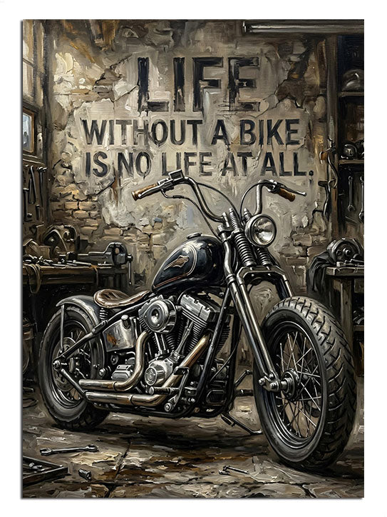 "Life Without A Bike" yazılı duvar önünde motor.