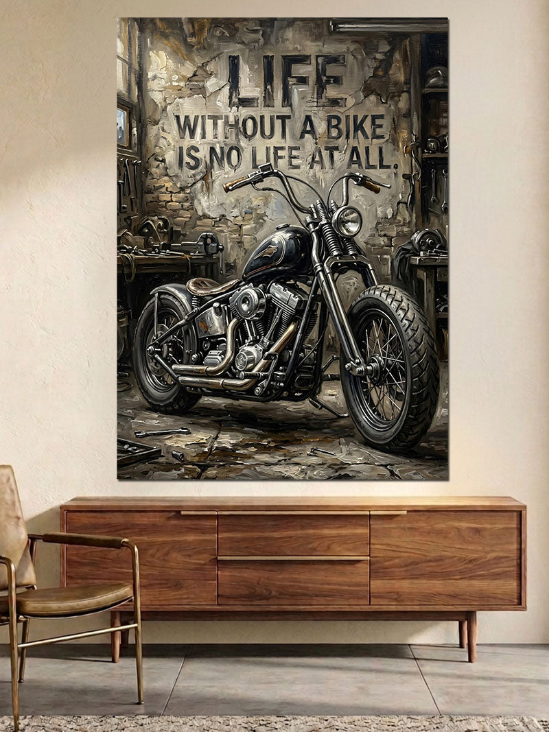 Duvar Önünde Siyah Klasik Motosiklet Kanvas Tablo