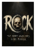 "ROCK" yazısı altında iskelet kafası ve müzik teması.