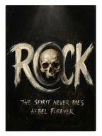 "ROCK" yazısı altında iskelet kafası ve müzik teması.