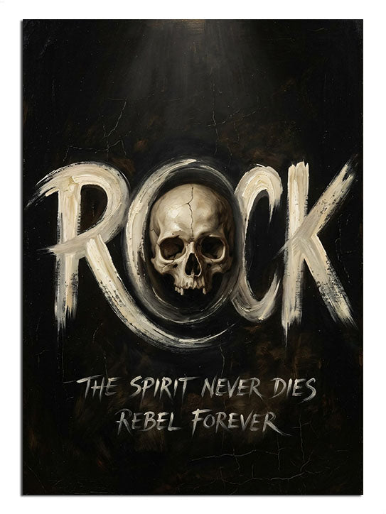 "ROCK" yazısı altında iskelet kafası ve müzik teması.