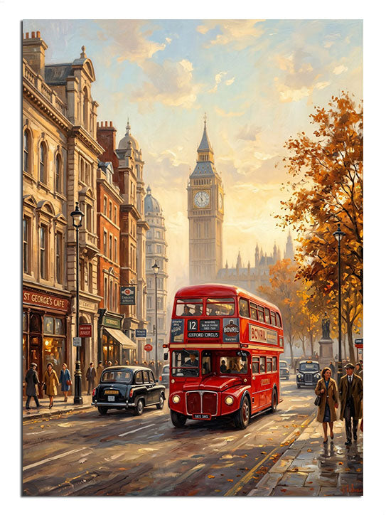 Londra'nın simgesi kırmızı otobüs ve Big Ben manzarası.