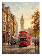 Londra'nın simgesi kırmızı otobüs ve Big Ben manzarası.