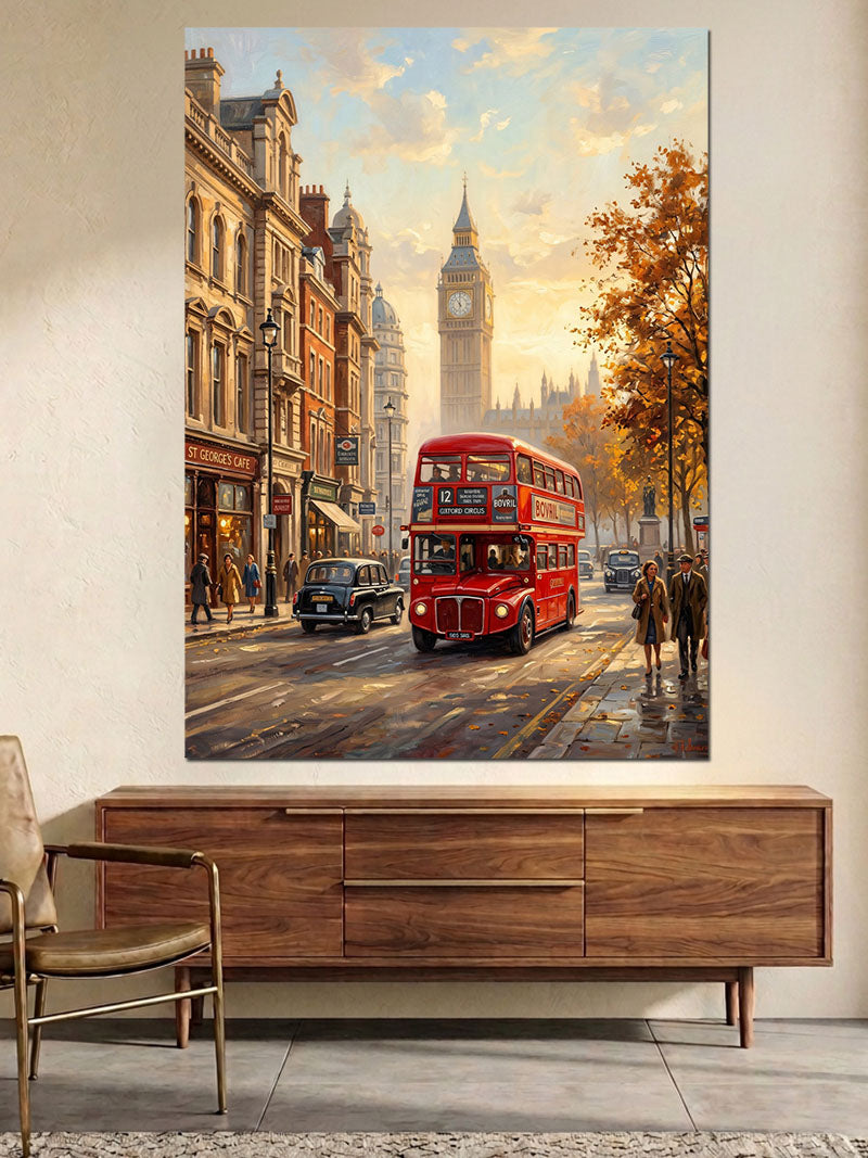 Londra Sokaklarında Kırmızı Çiftli Otobüs Kanvas Tablo
