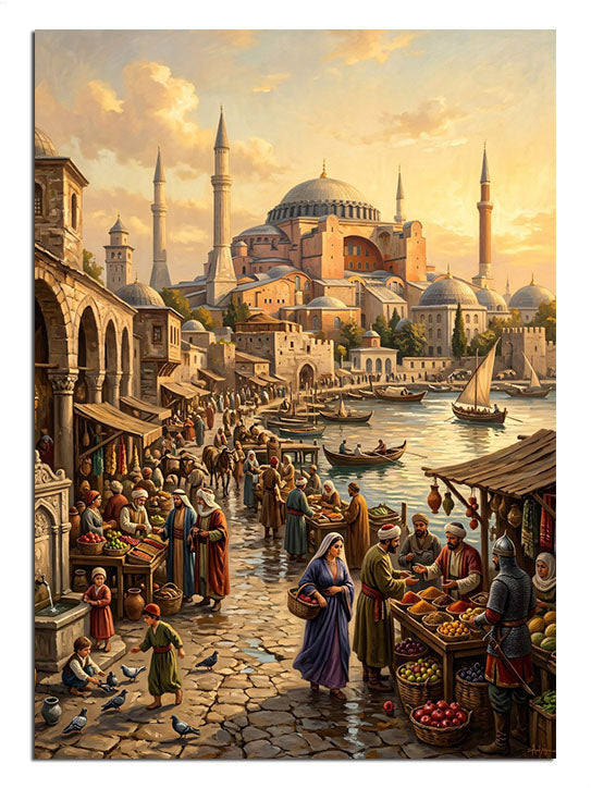 Osmanlı dönemi İstanbulu, camiler ve günlük yaşam tasviri.