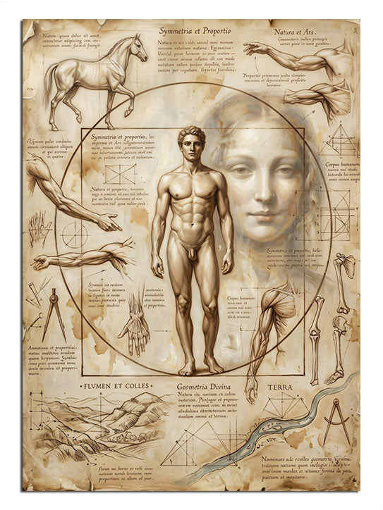 İnsan anatomisi ve mekanik çizimler içeren antika kağıt.
