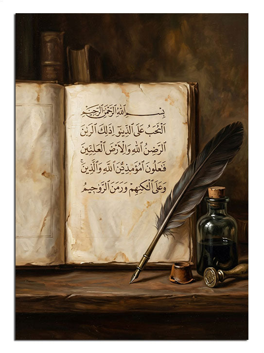 Açık duran eski bir el yazması kitap ve divit kalem.