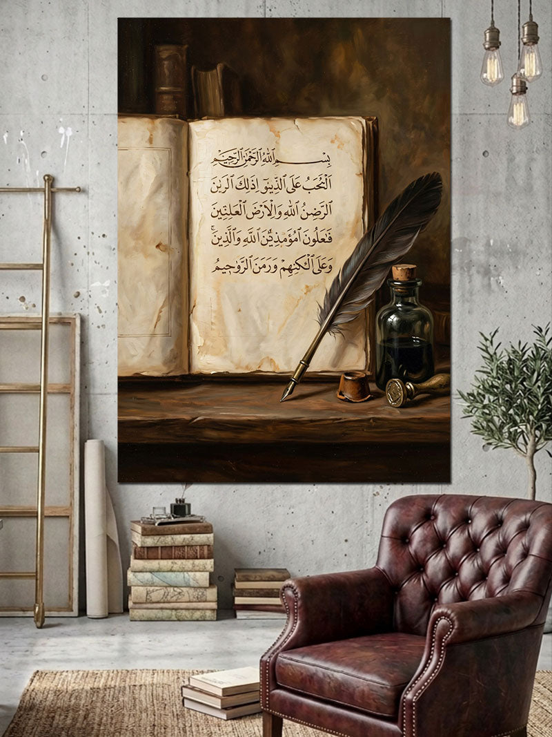 Eski Kitap ve Kalem Yazı Tablosu Kanvas Tablo