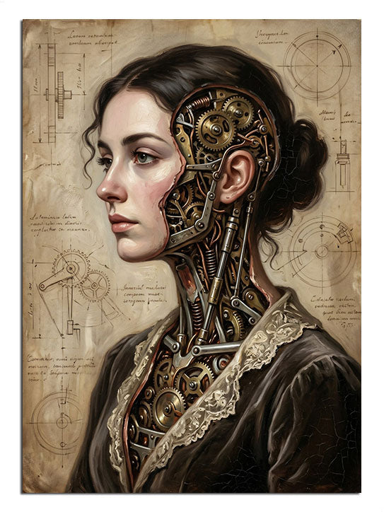 Yüzünde çarklar ve kablolar olan steampunk tarzı kadın.