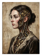 Yüzünde çarklar ve kablolar olan steampunk tarzı kadın.