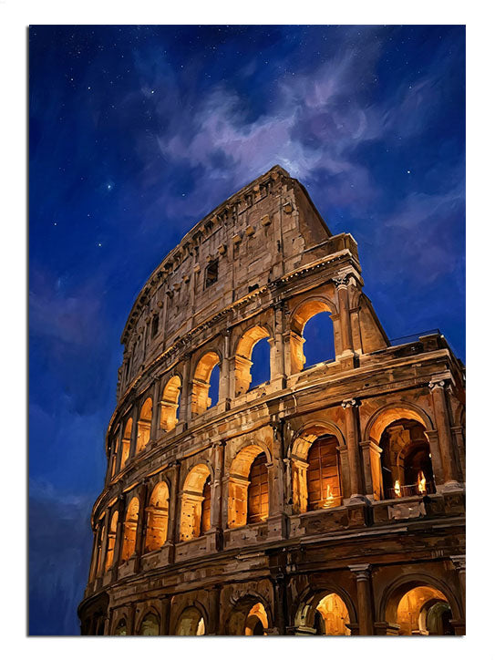 Roma'nın kalbindeki tarihi Kolezyum'un gece aydınlatması.