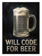 "Will Code For Beer" yazılı, bira kupalı grafik tasarım.