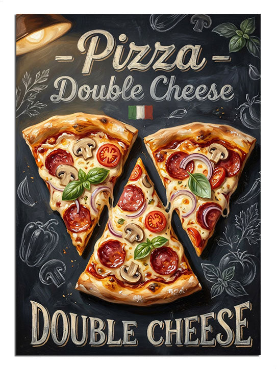 "Double Cheese Pizza" yazılı iştah açıcı retro pizza posteri.