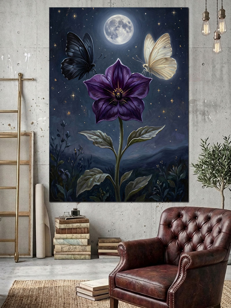 Gece Vakti Mistik Mor Çiçek Kanvas Tablo