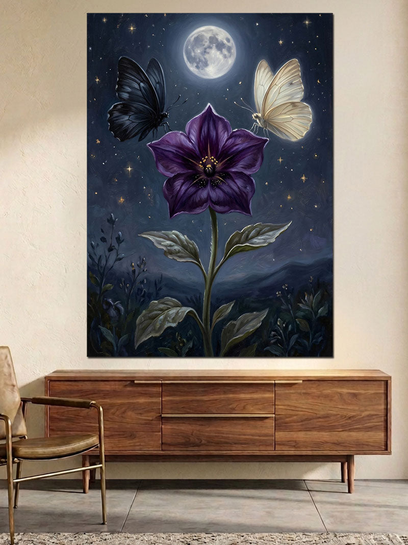 Gece Vakti Mistik Mor Çiçek Kanvas Tablo