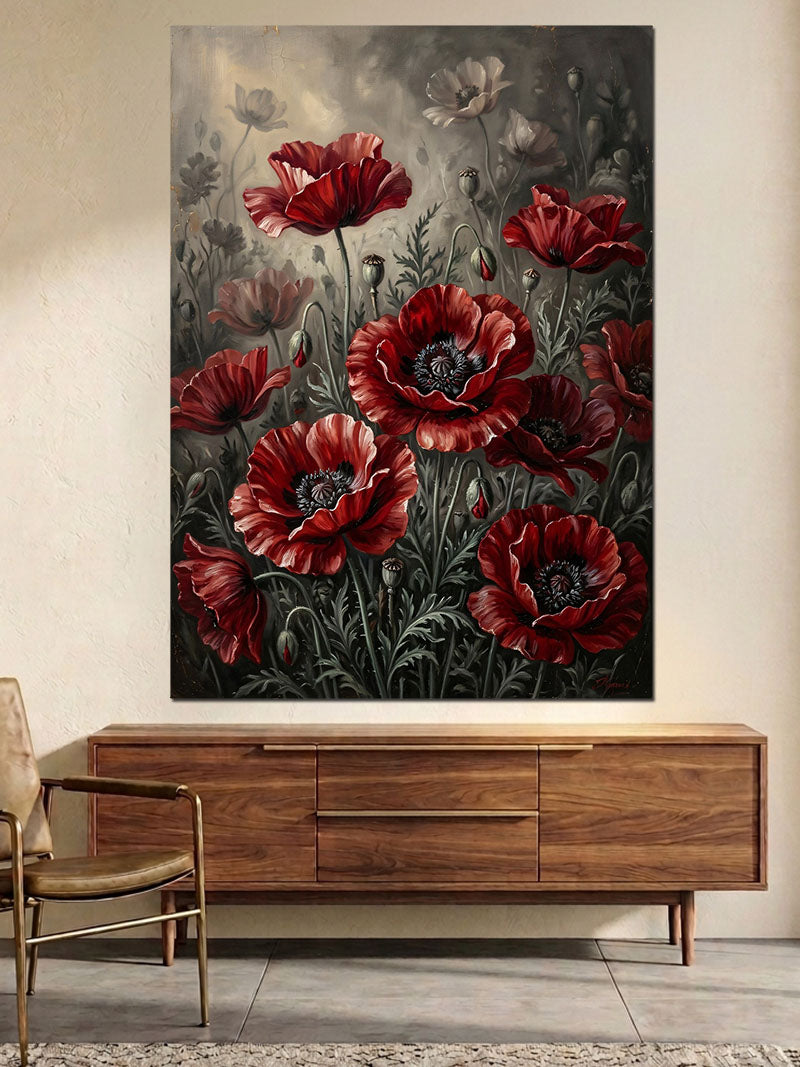 Koyu Fonda Kırmızı Gelincik Tarlası Kanvas Tablo