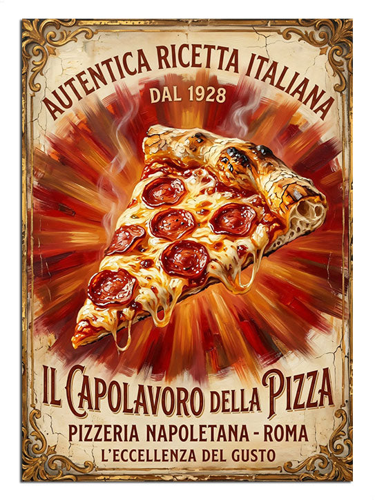 "Autentica Ricetta Italiana" yazılı nostaljik pizza ilanı.