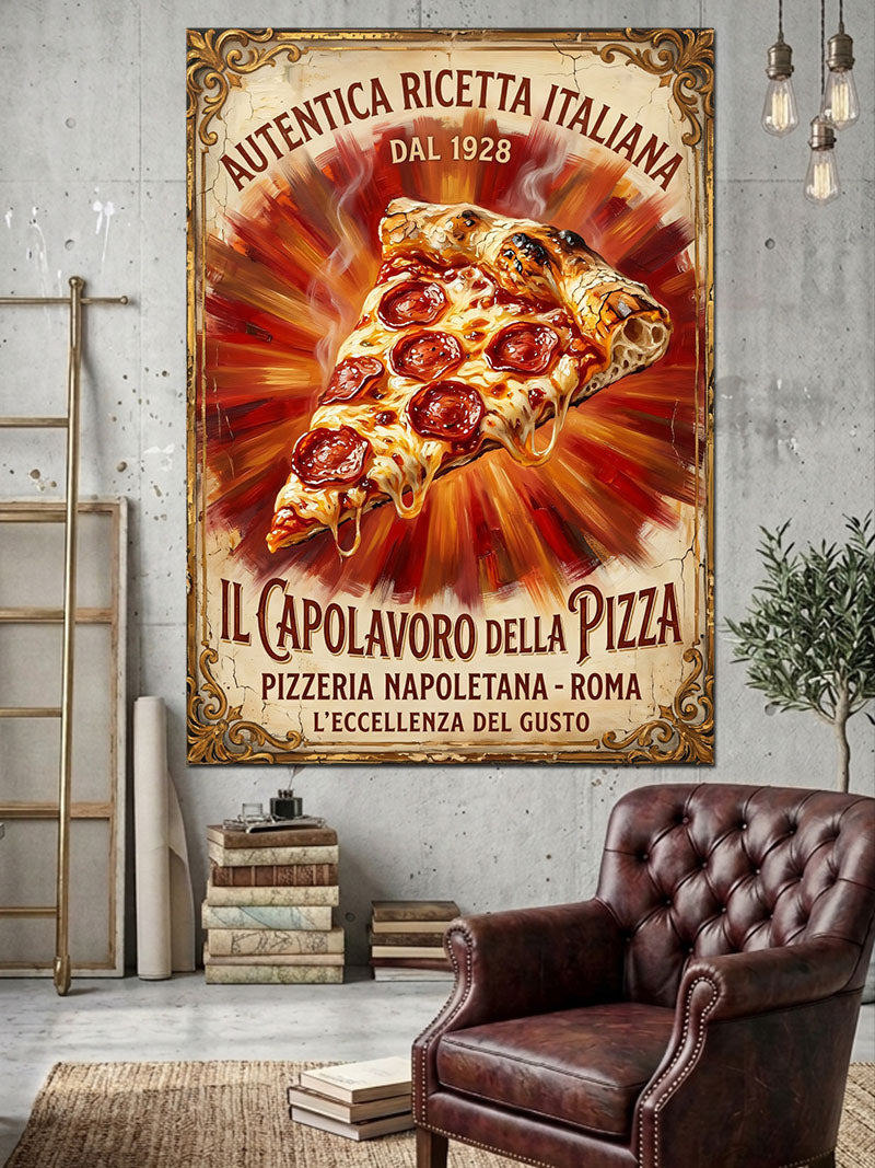 İtalyan Pizza Tarifi Retro Tabelası Kanvas Tablo