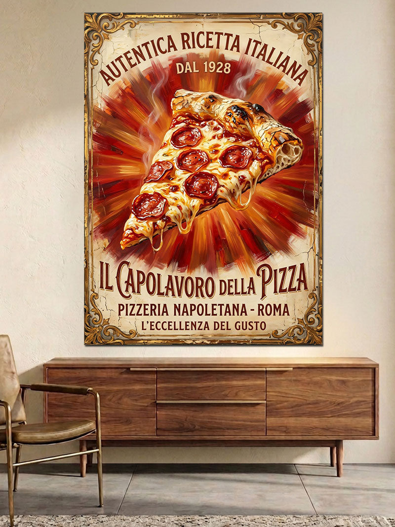 İtalyan Pizza Tarifi Retro Tabelası Kanvas Tablo