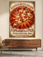 İtalyan Pizza Tarifi Retro Tabelası Kanvas Tablo