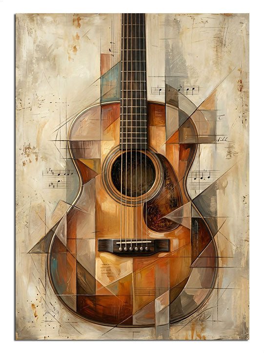 Kübik çizgilerle tasarlanmış sanatsal ahşap gitar illüstrasyonu.