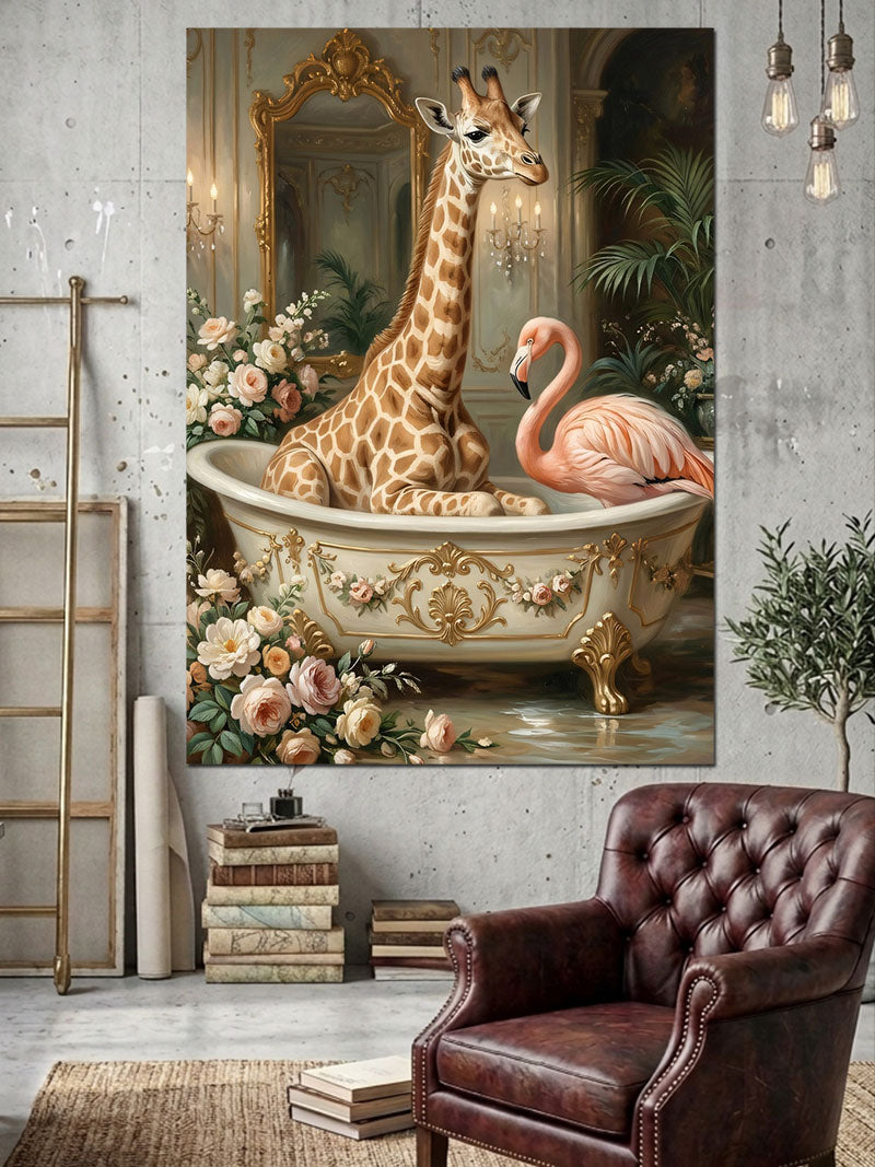 Küvette Oturan Sevimli Zürafa Ve Flamingo Kanvas Tablo