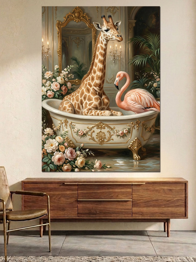 Küvette Oturan Sevimli Zürafa Ve Flamingo Kanvas Tablo