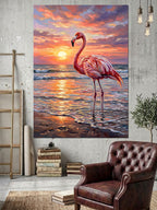 Gün Batımında Sahilde Pembe Flamingo Kanvas Tablo