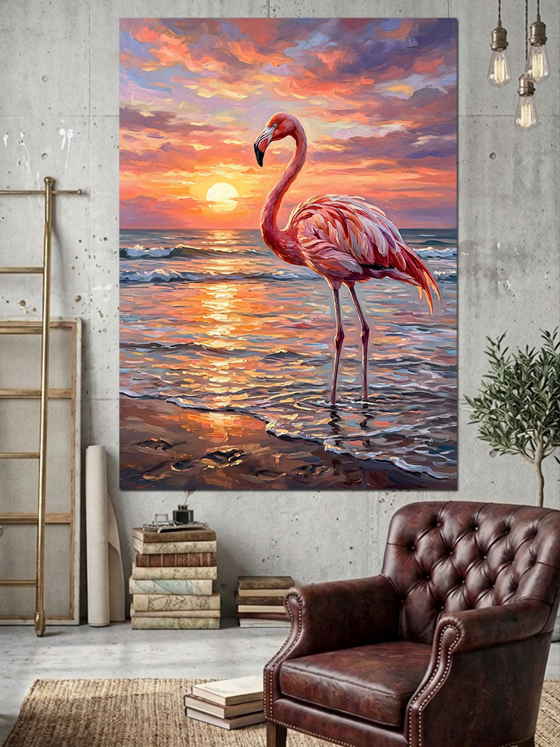 Gün Batımında Sahilde Pembe Flamingo Kanvas Tablo
