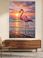 Gün Batımında Sahilde Pembe Flamingo Kanvas Tablo