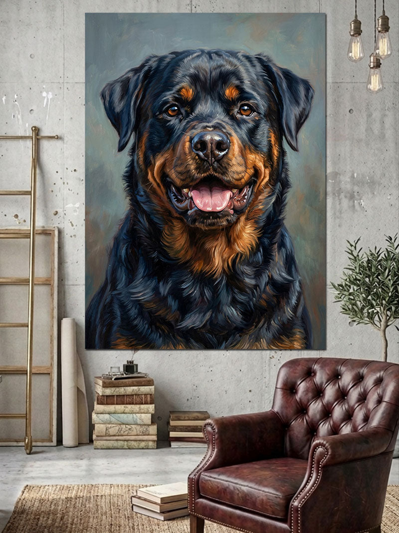 Karşıdan Bakan Güçlü Rottweiler Portresi Kanvas Tablo