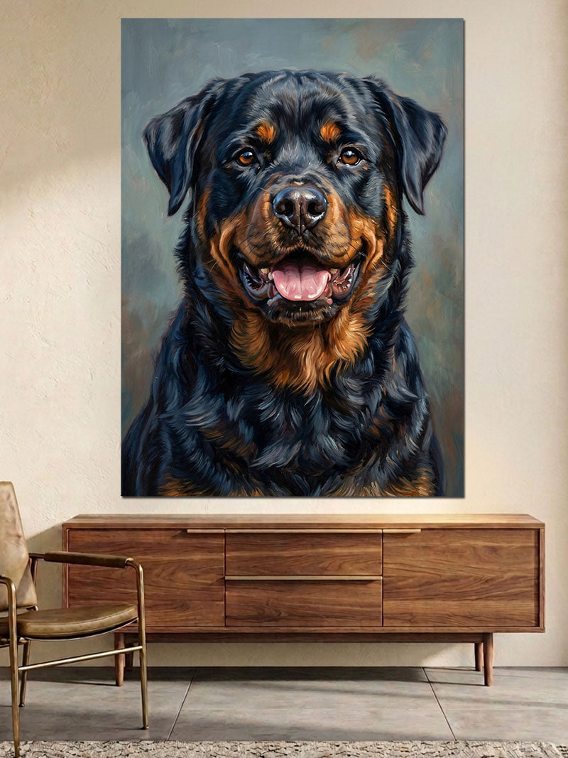 Karşıdan Bakan Güçlü Rottweiler Portresi Kanvas Tablo
