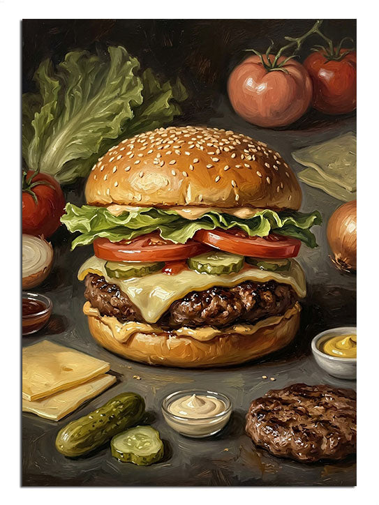 Bol malzemeli, dumanı tüten nefis bir burger görseli.