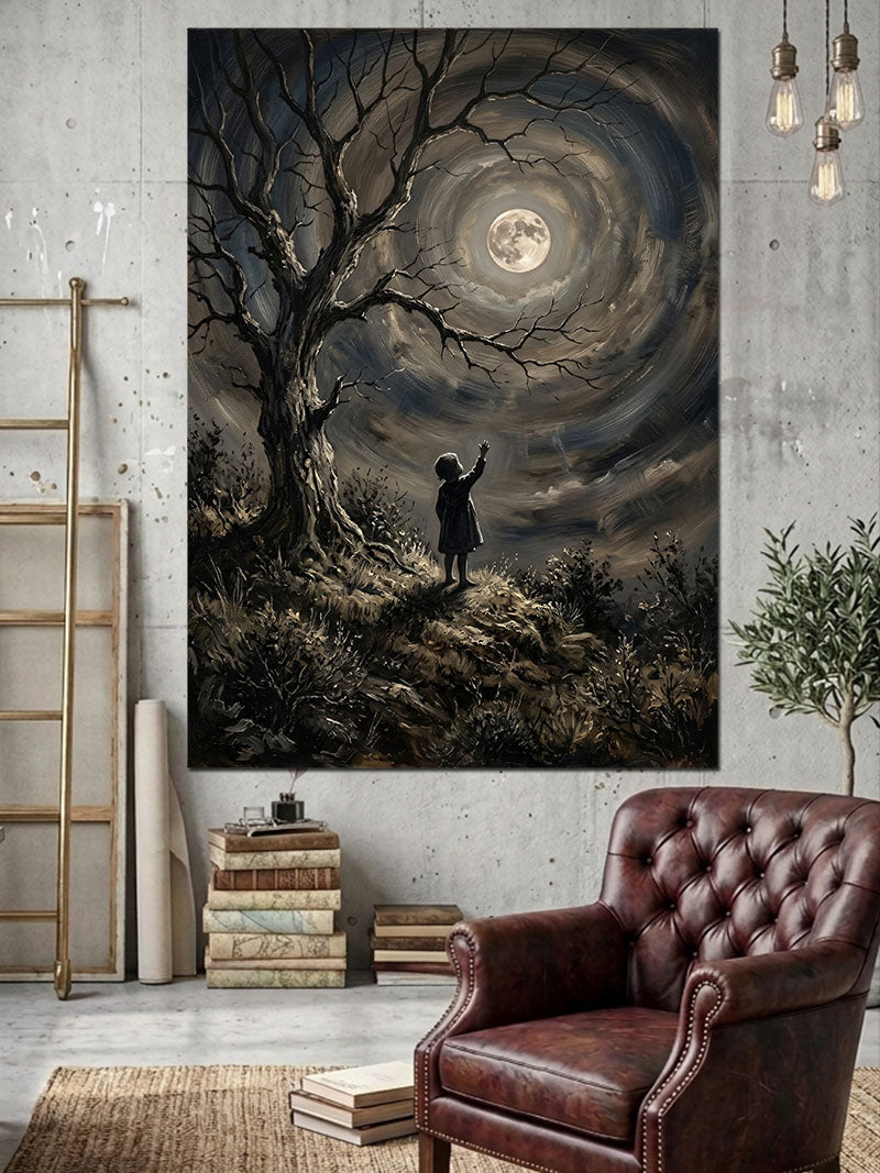 Gece Ormanında Ay Ve Figür Kanvas Tablo