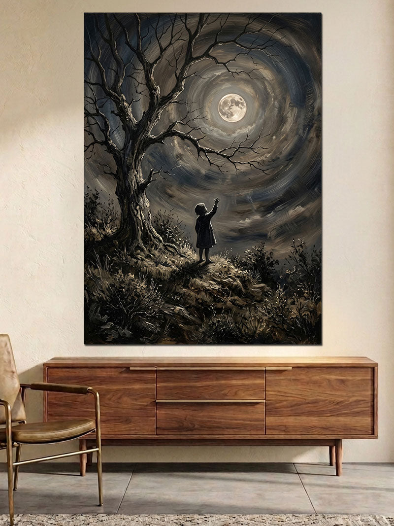 Gece Ormanında Ay Ve Figür Kanvas Tablo